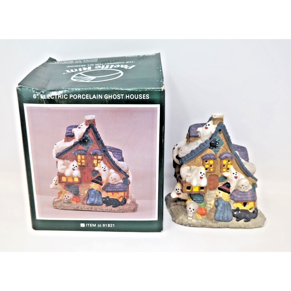 Pacific Rim 6" Porcelain Ghost House 61821 white black cat fast shipping